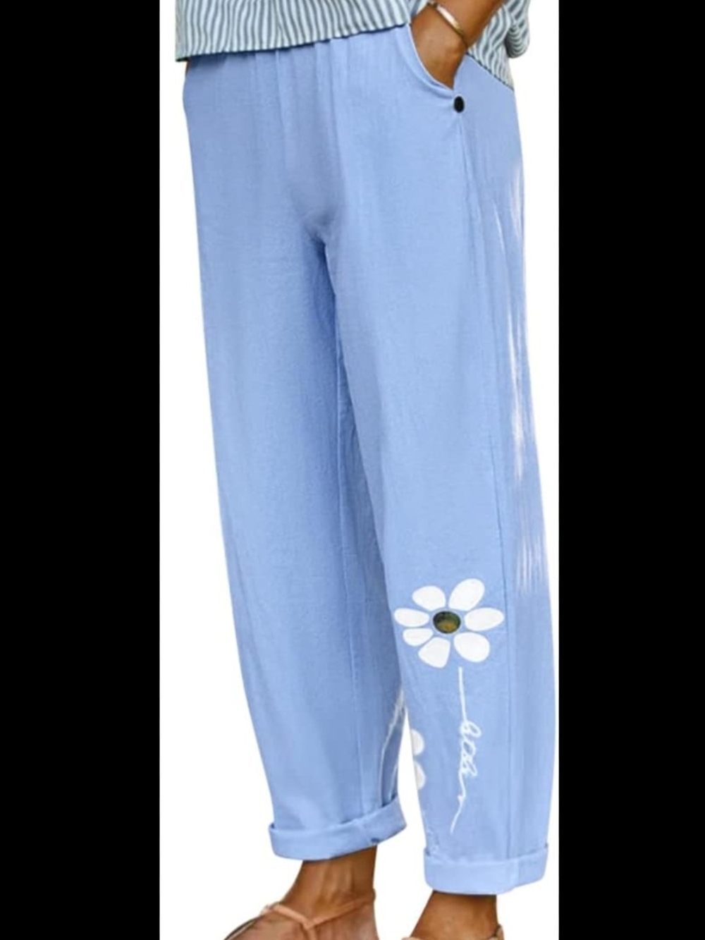 Light Blue Floral-Accent Casual Capri Pants for Women